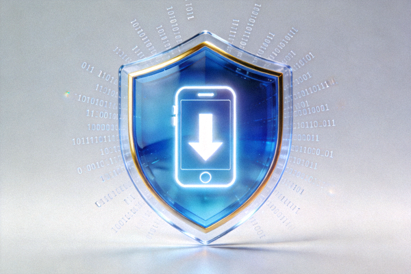 手机安全下载应用概念图 - 盾牌保护下的下载图标