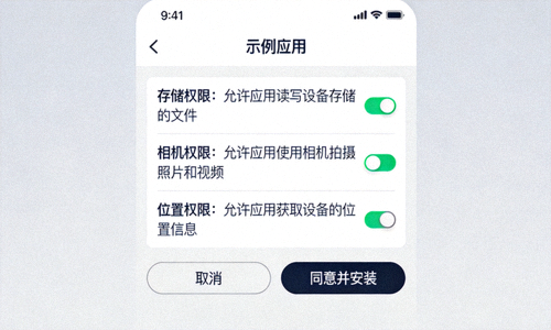 手机安装应用时查看权限请求的屏幕示意图